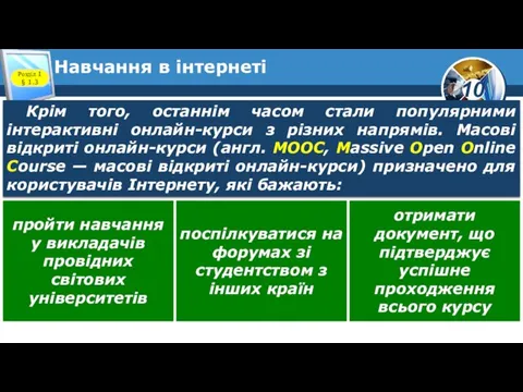 Навчання в інтернеті Розділ 1 § 1.3 Крім того, останнім часом стали