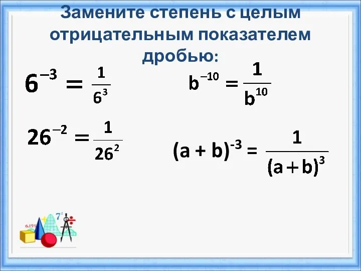 Замените степень с целым отрицательным показателем дробью: (a + b)-3 =