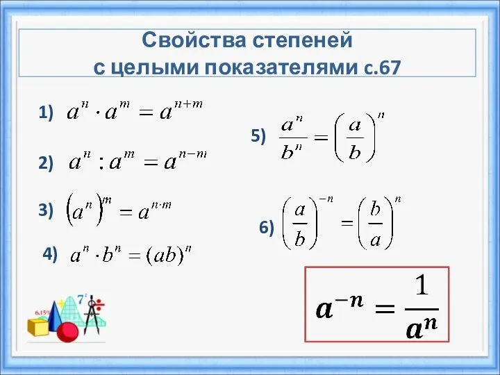 1) 2) 3) 4) 5) 6) Свойства степеней с целыми показателями c.67