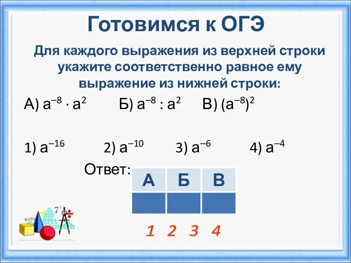 Готовимся к ОГЭ Для каждого выражения из верхней строки укажите соответственно равное