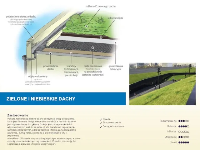 ZIELONE I NIEBIESKIE DACHY Zastosowanie Pokryte roślinnością zielone dachy zatrzymują wodę deszczową,