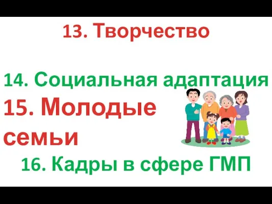 13. Творчество 14. Социальная адаптация 15. Молодые семьи 16. Кадры в сфере ГМП