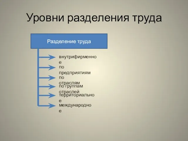 Уровни разделения труда Разделение труда внутрифирменное по предприятиям по отраслям по группам отраслей территориальное международное