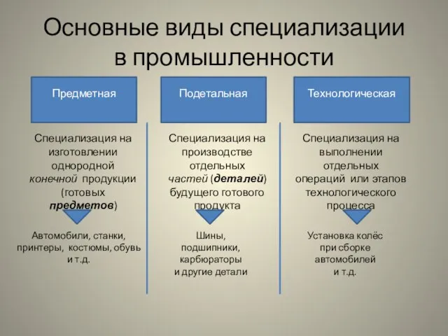 Основные виды специализации в промышленности Предметная Специализация на изготовлении однородной конечной продукции