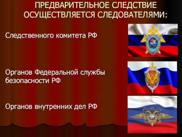 ПРЕДВАРИТЕЛЬНОЕ СЛЕДСТВИЕ ОСУЩЕСТВЛЯЕТСЯ СЛЕДОВАТЕЛЯМИ: Следственного комитета РФ Органов Федеральной службы безопасности РФ Органов внутренних дел РФ