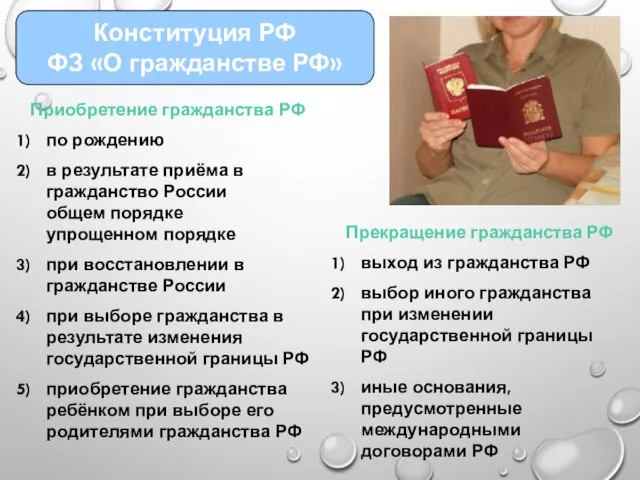 Конституция РФ ФЗ «О гражданстве РФ» Приобретение гражданства РФ по рождению в