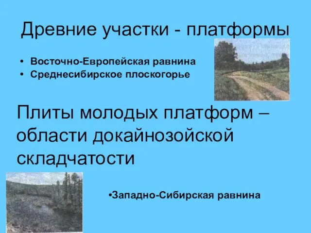 Древние участки - платформы Восточно-Европейская равнина Среднесибирское плоскогорье Плиты молодых платформ –