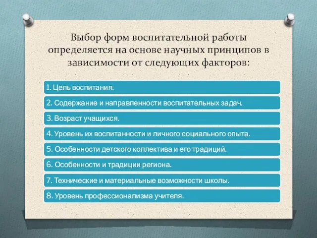 Выбор форм воспитательной работы определяется на основе научных принципов в зависимости от следующих факторов: