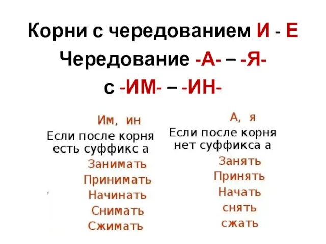 Корни с чередованием И - Е Чередование -А- – -Я- с -ИМ- – -ИН-