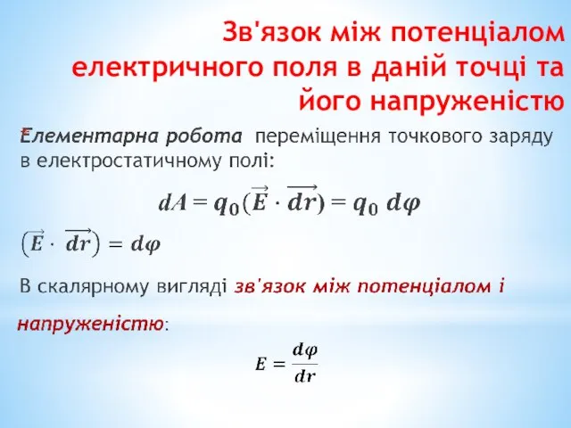 Зв'язок між потенціалом електричного поля в даній точці та його напруженістю