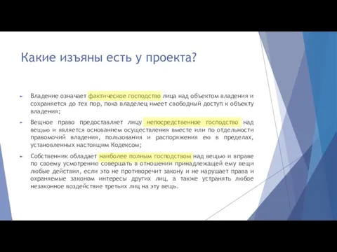 Какие изъяны есть у проекта? Владение означает фактическое господство лица над объектом