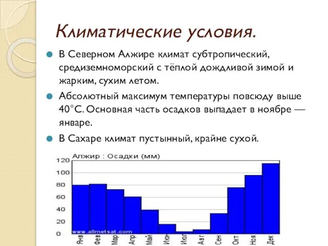 Климатические условия. В Северном Алжире климат субтропический, средиземноморский с тёплой дождливой зимой