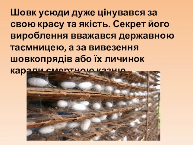 Шовк усюди дуже цінувався за свою красу та якість. Секрет його вироблення