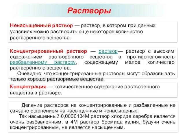 Растворы Ненасыщенный раствор — раствор, в котором при данных условиях можно растворить