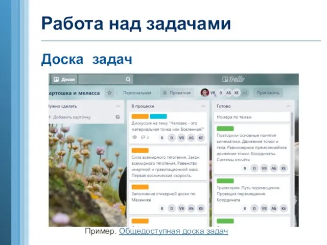 Работа над задачами Доска задач Пример. Общедоступная доска задач