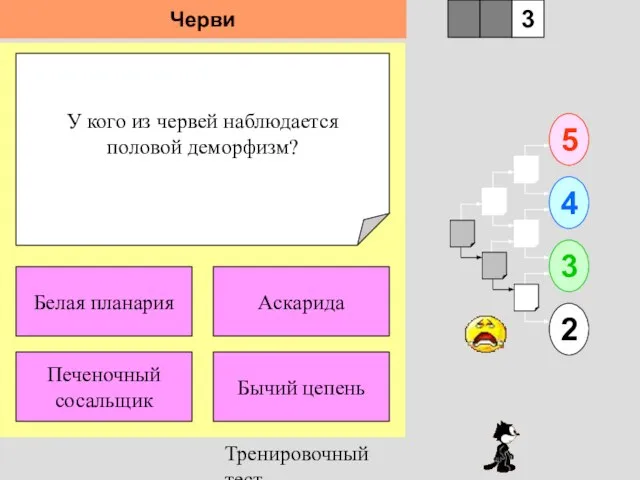 Тренировочный тест У кого из червей наблюдается половой деморфизм? 1 Печеночный сосальщик