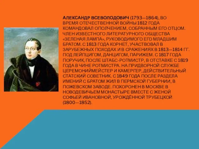 АЛЕКСАНДР ВСЕВОЛОДОВИЧ (1793—1864), ВО ВРЕМЯ ОТЕЧЕСТВЕННОЙ ВОЙНЫ 1812 ГОДА КОМАНДОВАЛ ОПОЛЧЕНИЕМ, СОБРАННЫМ