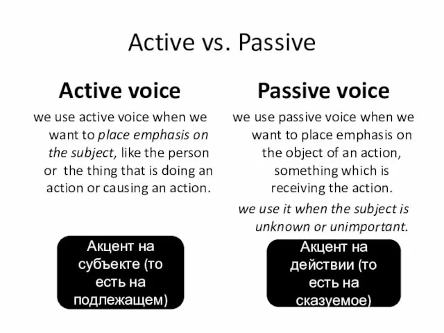 Active vs. Passive Active voice we use active voice when we want
