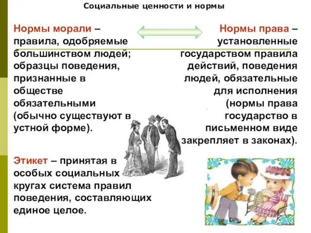 Социальные ценности и нормы Нормы морали – правила, одобряемые большинством людей; образцы