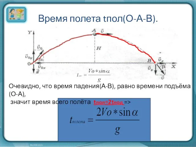 Время полета tпол(О-А-В). Очевидно, что время падения(А-В), равно времени подъёма(О-А), значит время всего полёта tпол=2tпод =>