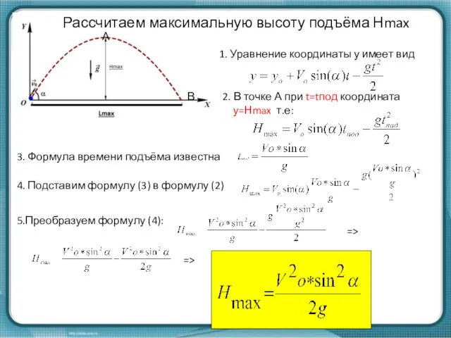 Рассчитаем максимальную высоту подъёма Нmax А В 4. Подставим формулу (3) в