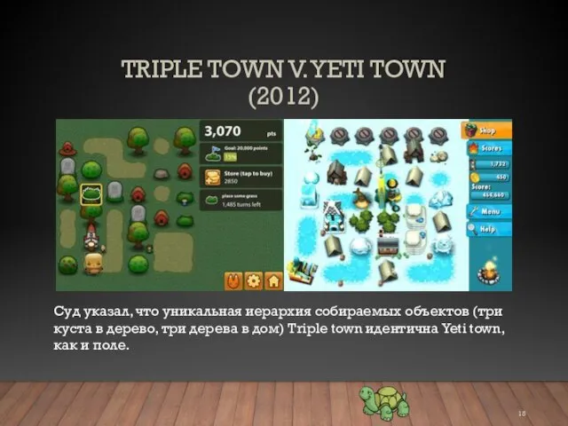 TRIPLE TOWN V. YETI TOWN (2012) Суд указал, что уникальная иерархия собираемых