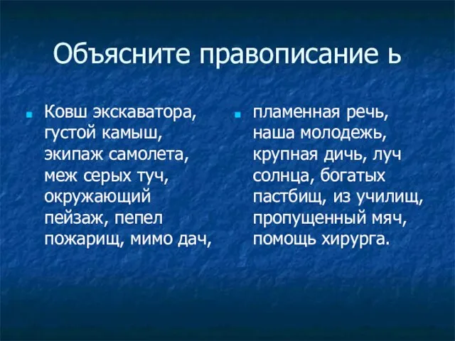 Объясните правописание ь Ковш экскаватора, густой камыш, экипаж самолета, меж серых туч,