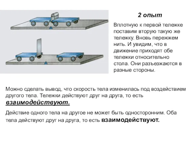 2 опыт Вплотную к первой тележке поставим вторую такую же тележку. Вновь