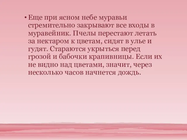 Еще при ясном небе муравьи стремительно закрывают все входы в муравейник. Пчелы