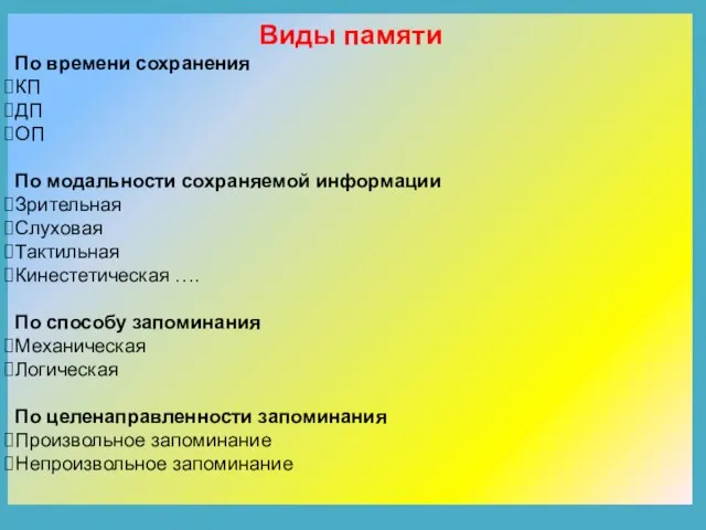 Виды памяти По времени сохранения КП ДП ОП По модальности сохраняемой информации