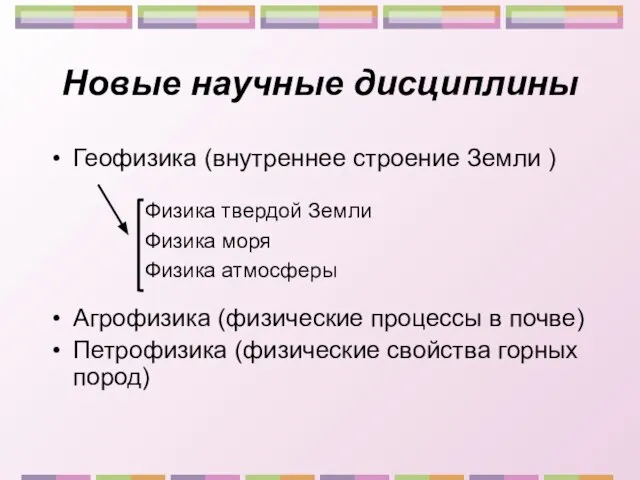 Новые научные дисциплины Геофизика (внутреннее строение Земли ) Агрофизика (физические процессы в