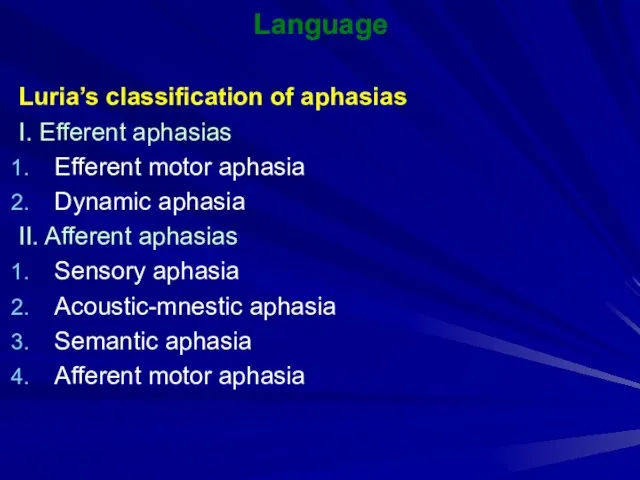 Language Luria’s classification of aphasias I. Efferent aphasias Efferent motor aphasia Dynamic