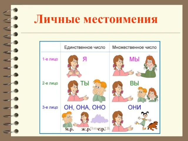 Личные местоимения м.р. ж.р. с.р. Попкова Т.В.