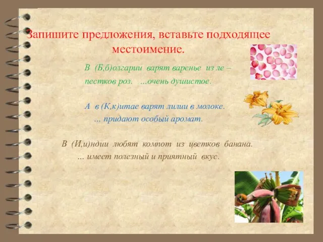 Запишите предложения, вставьте подходящее местоимение. В (Б,б)олгарии варят варенье из ле –