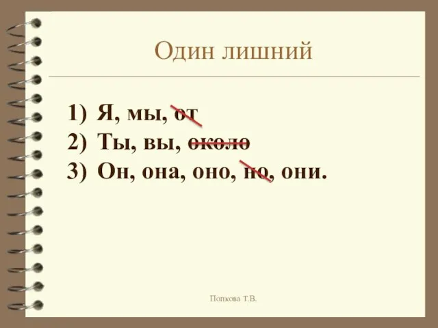 Один лишний Я, мы, от Ты, вы, около Он, она, оно, но, они. Попкова Т.В.