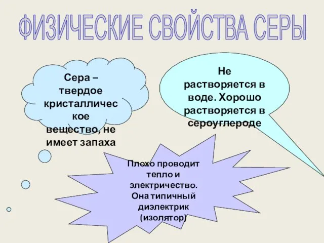 ФИЗИЧЕСКИЕ СВОЙСТВА СЕРЫ Сера – твердое кристаллическое вещество, не имеет запаха Не