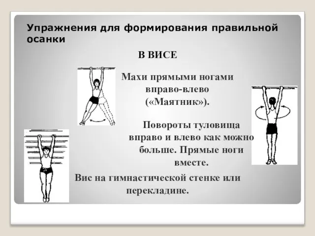 Упражнения для формирования правильной осанки В ВИСЕ Махи прямыми ногами вправо-влево («Маятник»).