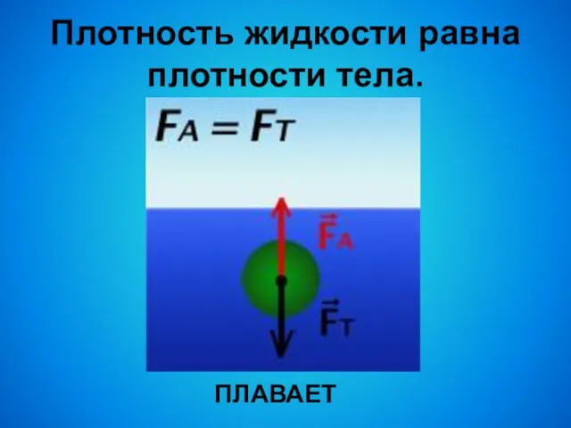 Плотность жидкости равна плотности тела. ПЛАВАЕТ