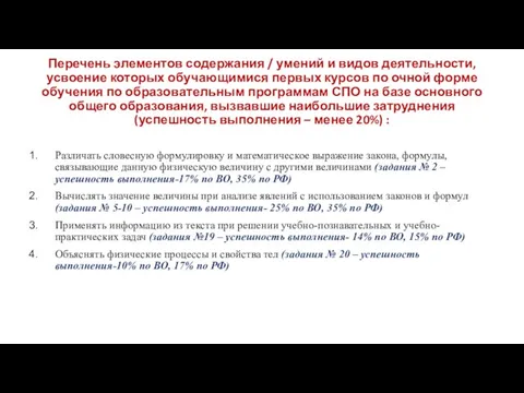 Перечень элементов содержания / умений и видов деятельности, усвоение которых обучающимися первых