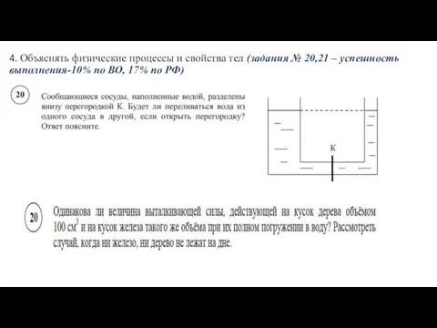 4. Объяснять физические процессы и свойства тел (задания № 20,21 – успешность