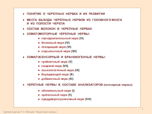 ♦ ПОНЯТИЕ О ЧЕРЕПНЫХ НЕРВАХ И ИХ РАЗВИТИИ ♦ МЕСТА ВЫХОДА ЧЕРЕПНЫХ