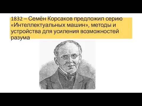 1832 – Семён Корсаков предложил серию «Интеллектуальных машин», методы и устройства для усиления возможностей разума