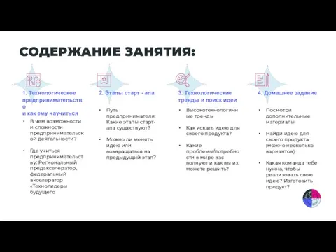 СОДЕРЖАНИЕ ЗАНЯТИЯ: 1. Технологическое предпринимательство и как ему научиться В чем возможности