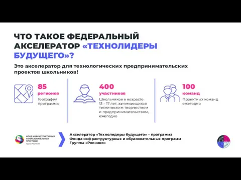 ЧТО ТАКОЕ ФЕДЕРАЛЬНЫЙ АКСЕЛЕРАТОР «ТЕХНОЛИДЕРЫ БУДУЩЕГО»? Это акселератор для технологических предпринимательских проектов