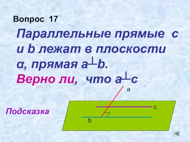 Параллельные прямые с и b лежат в плоскости α, прямая а┴b. Верно