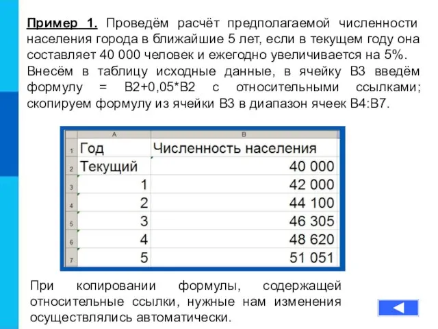 Пример 1. Проведём расчёт предполагаемой численности населения города в ближайшие 5 лет,