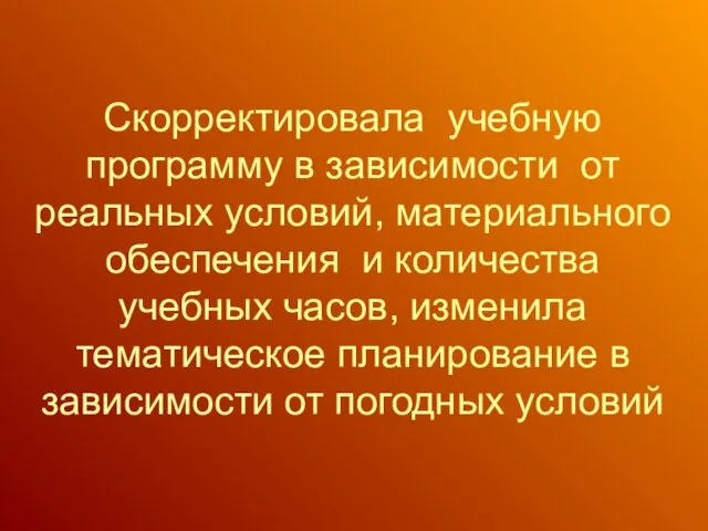 Скорректировала учебную программу в зависимости от реальных условий, материального обеспечения и количества