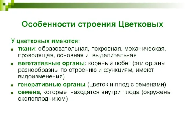 Особенности строения Цветковых У цветковых имеются: ткани: образовательная, покровная, механическая, проводящая, основная