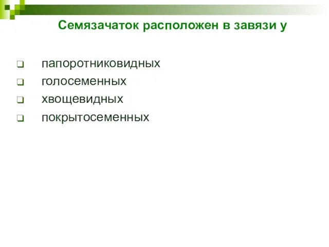 Семязачаток расположен в завязи у папоротниковидных голосеменных хвощевидных покрытосеменных