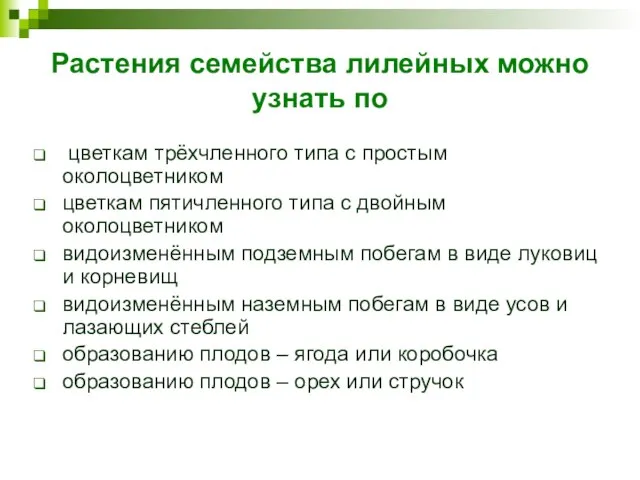 Растения семейства лилейных можно узнать по цветкам трёхчленного типа с простым околоцветником